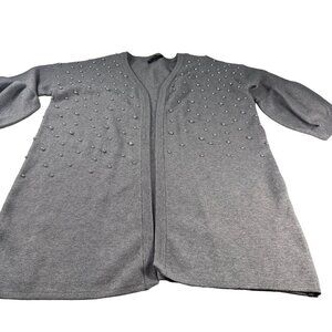 Christine Phillipe Pearl Studded Cardigan Women Sweater Balloon Sleeve Knit Grey